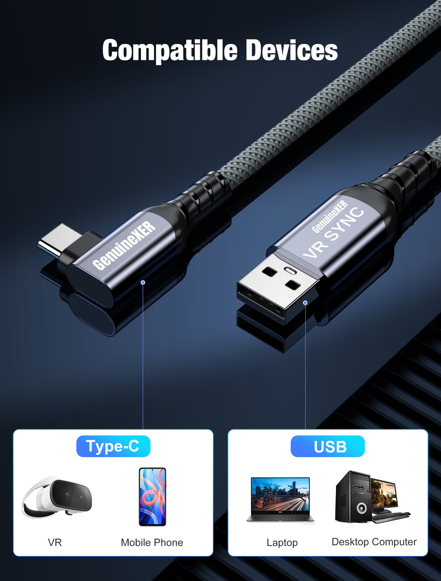 GenuineXER VR Link Cable 5 Meter USB 3.2, 5Gbps High-Speed Data, Gaming Charge & Play 3A Fast Charging, 90° Type-C Braided Cable Compatible with Meta Quest 3/Quest 2/Quest Pro, Pico 4, PC, Laptop & Mobile | 5M 16Ft