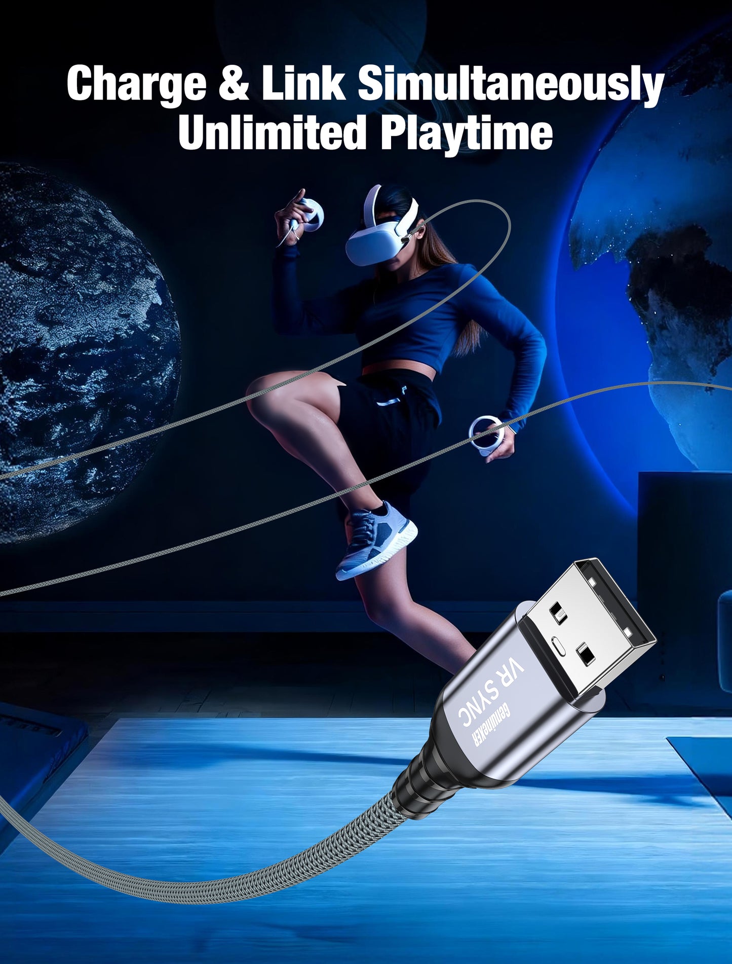 GenuineXER VR Link Cable 5 Meter USB 3.2, 5Gbps High-Speed Data, Gaming Charge & Play 3A Fast Charging, 90° Type-C Braided Cable Compatible with Meta Quest 3/Quest 2/Quest Pro, Pico 4, PC, Laptop & Mobile | 5M 16Ft