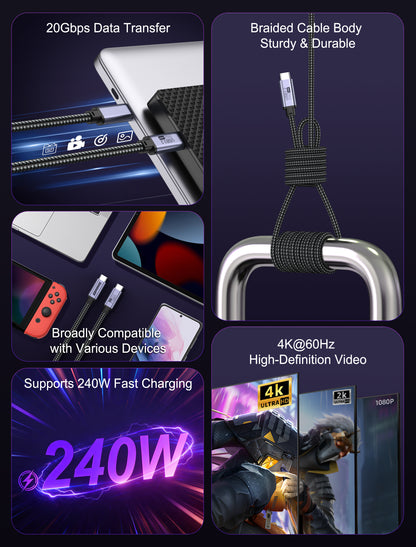 GenuineXER USB-C to USB-C Cable 240W 5A Fast Charging, 20Gbps USB 3.2 Gen2 Data, 4K@60Hz Video, Compatible with iPhone 17/16/15 Pro Max, MacBook, iPad, Samsung S25/24/23 Ultra 1.2 Meter