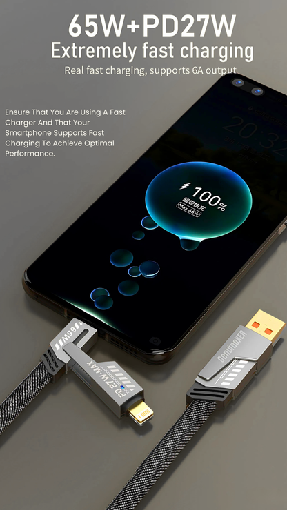 4-in-1 Fast Charging Cable | Up to 65W & 27W PD, 6A Power, 480Mbps Data Sync | Metal Shell, Braided Cable, 205 NSC Gold Connectors | USB-C to C, USB-C to USB-A, USB-C to Lightning, USB-A to Lightning | 1.2 Meter