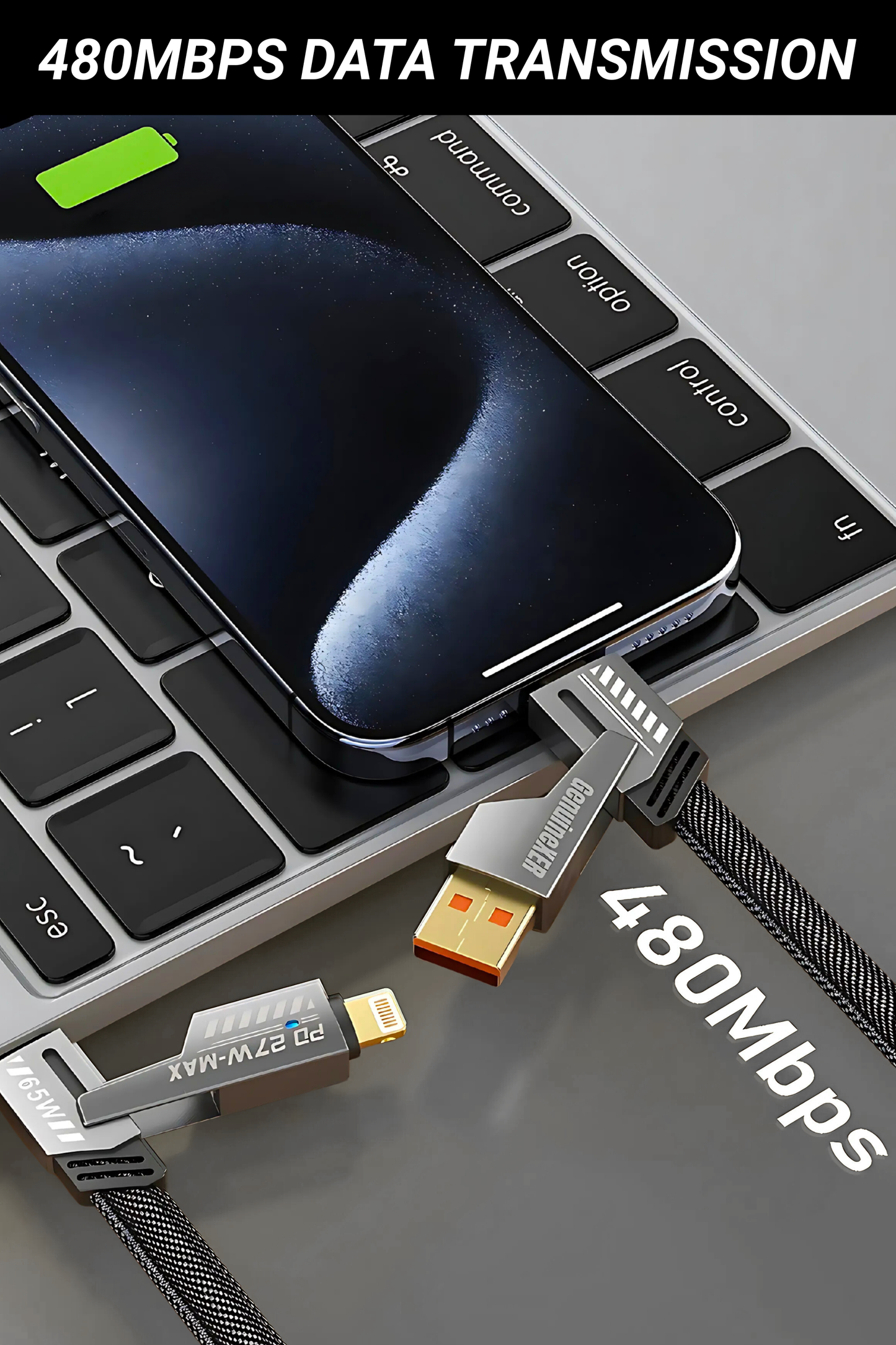 4-in-1 Fast Charging Cable | Up to 65W & 27W PD, 6A Power, 480Mbps Data Sync | Metal Shell, Braided Cable, 205 NSC Gold Connectors | USB-C to C, USB-C to USB-A, USB-C to Lightning, USB-A to Lightning | 1.2 Meter