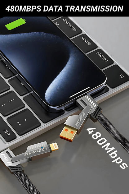 4-in-1 Fast Charging Cable | Up to 65W & 27W PD, 6A Power, 480Mbps Data Sync | Metal Shell, Braided Cable, 205 NSC Gold Connectors | USB-C to C, USB-C to USB-A, USB-C to Lightning, USB-A to Lightning | 1.2 Meter