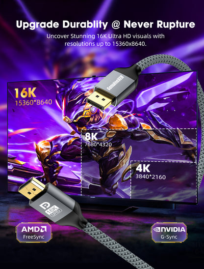 GenuineXER 16K DisplayPort Cable 2.1 80Gbps DP to DP – Supports 16K@60Hz, 8K@120Hz, 4K@240Hz, HDR, G-Sync, FreeSync, Nylon Braided, Gold-Plated for Laptop PC, HDTV, Projectors, Gaming Monitor | 2 Meter