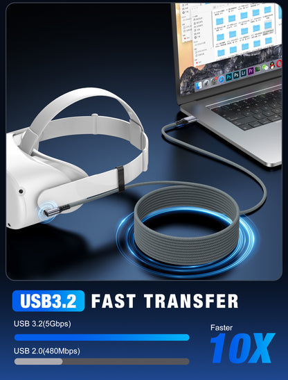 GenuineXER VR Link Cable 5 Meter USB 3.2, 5Gbps High-Speed Data, Gaming Charge & Play 3A Fast Charging, 90° Type-C Braided Cable Compatible with Meta Quest 3/Quest 2/Quest Pro, Pico 4, PC, Laptop & Mobile | 5M 16Ft
