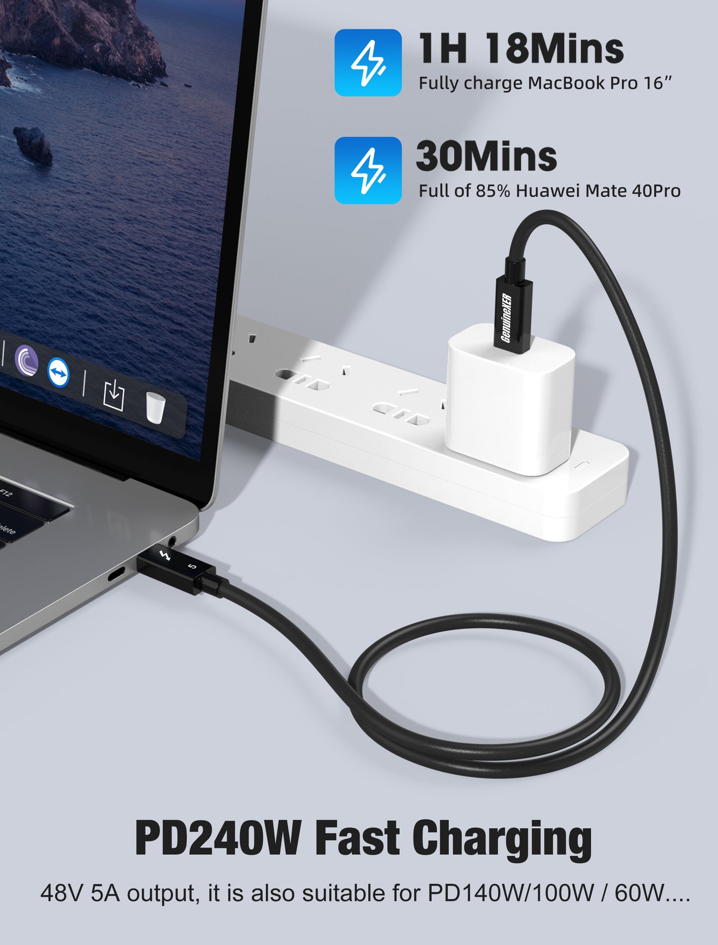 GenuineXER Thunderbolt 5 Cable | 80Gbps Data Transfer, 16K@30Hz, Dual 8K@60Hz, 4K@120Hz Display | 240W PD Fast Charging | Intel Certified E-Marker | USB4, Thunderbolt 5/4 Compatible for MacBook & Windows | 1 Meter