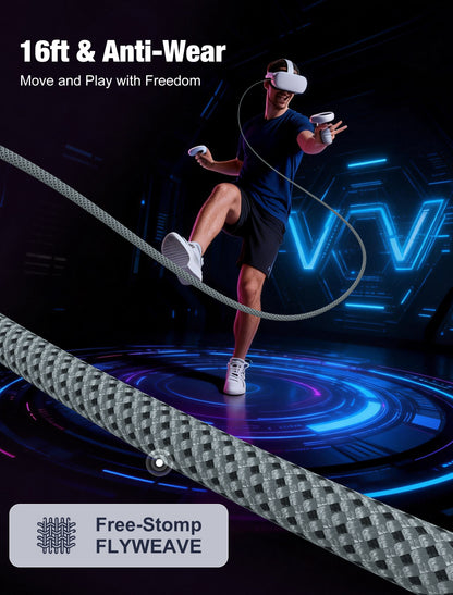 GenuineXER VR Link Cable 5 Meter USB 3.2, 5Gbps High-Speed Data, Gaming Charge & Play 3A Fast Charging, 90° Type-C Braided Cable Compatible with Meta Quest 3/Quest 2/Quest Pro, Pico 4, PC, Laptop & Mobile | 5M 16Ft