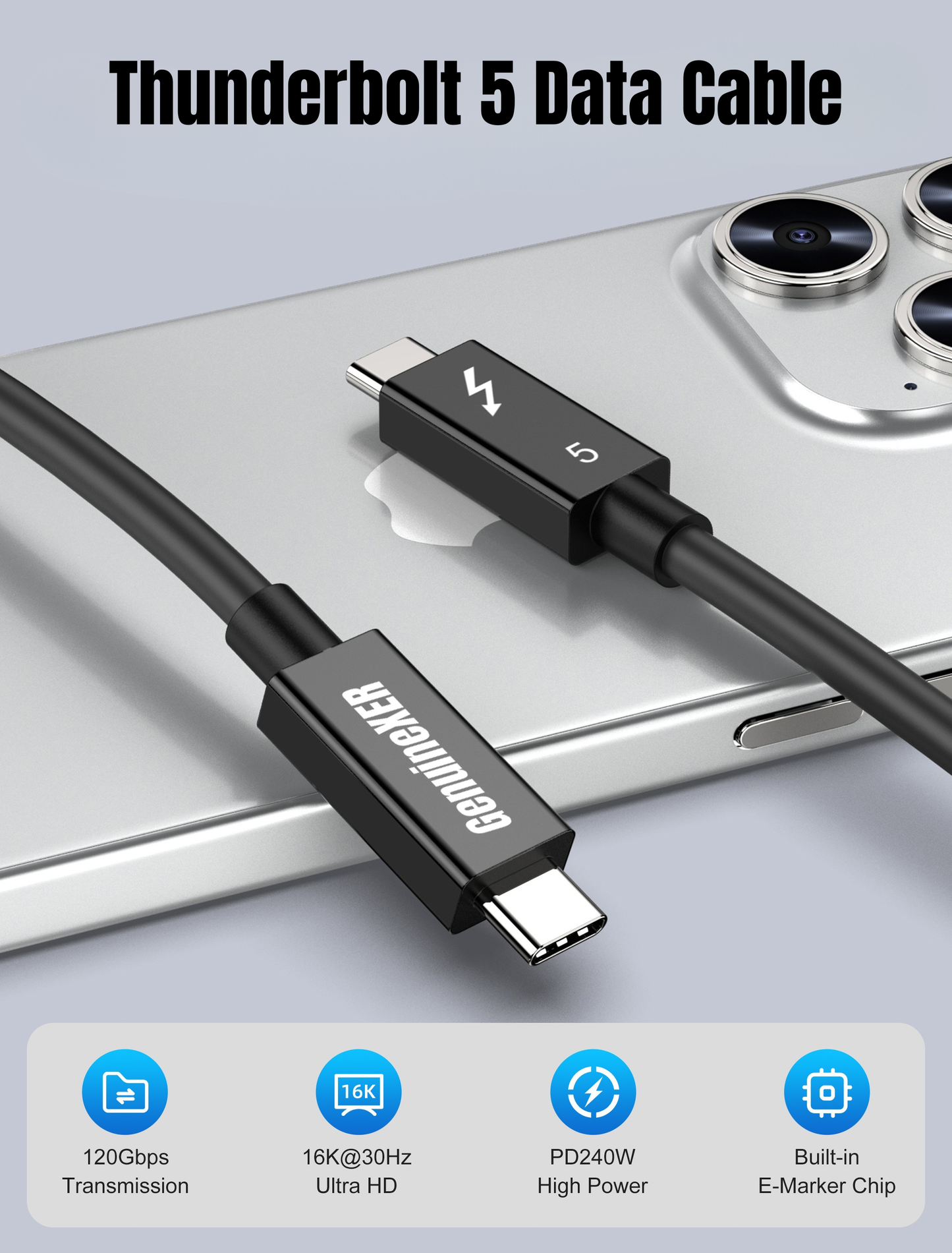 GenuineXER Thunderbolt 5 Cable | 80Gbps Data Transfer, 16K@30Hz, Dual 8K@60Hz, 4K@120Hz Display | 240W PD Fast Charging | Intel Certified E-Marker | USB4, Thunderbolt 5/4 Compatible for MacBook & Windows | 1 Meter