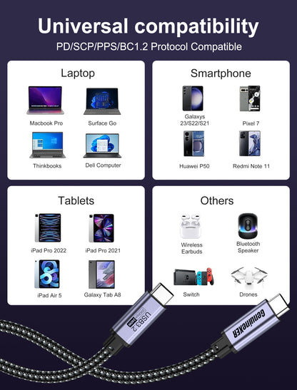 GenuineXER USB-C to USB-C Cable 240W 5A Fast Charging, 20Gbps USB 3.2 Gen2 Data, 4K@60Hz Video, Compatible with iPhone 17/16/15 Pro Max, MacBook, iPad, Samsung S25/24/23 Ultra 1.2 Meter