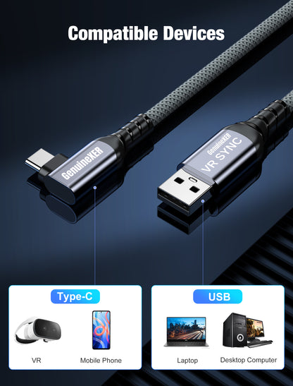 GenuineXER VR Link Cable 5 Meter USB 3.2, 5Gbps High-Speed Data, Gaming Charge & Play 3A Fast Charging, 90° Type-C Braided Cable Compatible with Meta Quest 3/Quest 2/Quest Pro, Pico 4, PC, Laptop & Mobile | 5M 16Ft