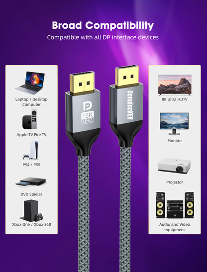GenuineXER 16K DisplayPort Cable 2.1 80Gbps DP to DP – Supports 16K@60Hz, 8K@120Hz, 4K@240Hz, HDR, G-Sync, FreeSync, Nylon Braided, Gold-Plated for Laptop PC, HDTV, Projectors, Gaming Monitor | 2 Meter
