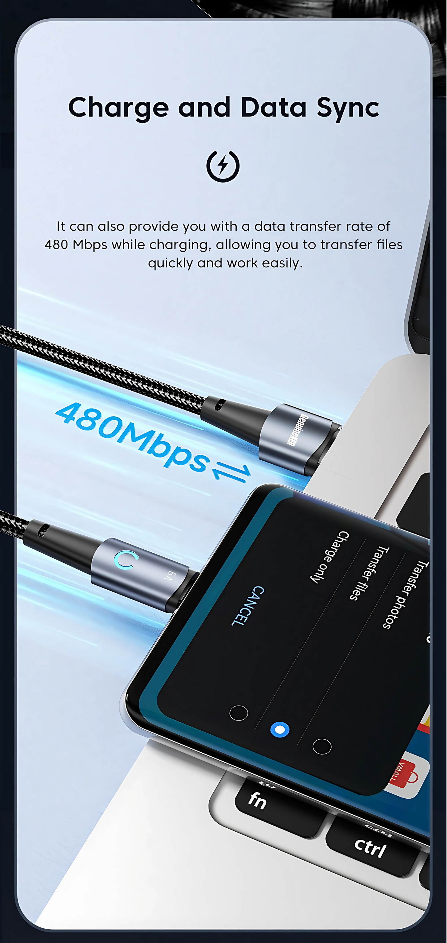 GenuineXER USB-A to Type-C Cable | 60W Fast Charging & 480Mbps Data Sync | Cotton Braided USB-C Cable with LED Light Indicator | Aluminium Alloy Shell, Durable & Safe Charging | 1 Meter