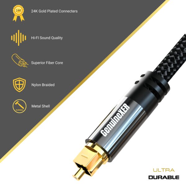 GenuineXER Premium Digital Optical Audio Toslink Cable With 8 Channels  (5.1 & 7.1) 24K Gold Plated & Nylon Braided | Compatible For Tv, Home Theater, Sound Bar, PlayStation, XBox - Image 2