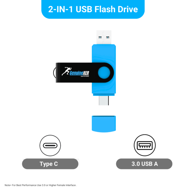 GenuineXER Premium 2-in-1 Stylish Flash Drive Type C Pendrive | 3.0 Swivel Dual OTG Pendrive | Compatible with Smartphones/Tablets/PC/Laptop (Blue)) - Image 3